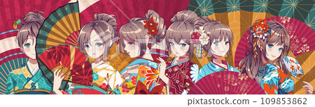 Group of anime manga girls in traditional Japanese kimono costume holding paper fan. Vector illustration on isolated background Group of anime manga girls in traditional Japanese kimono costume holding paper fan. Vector illustration on isolated background 109853862