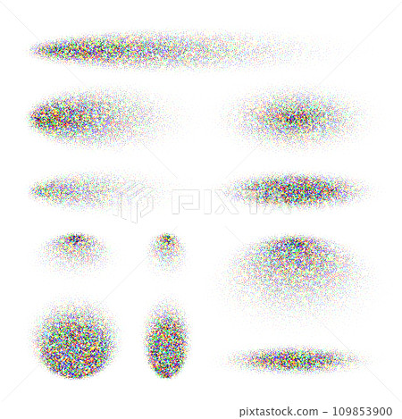 Stipple shadows set, dotted design elements. Fading gradient. Stippling, dotwork drawing, shading using dots. Pixel disintegration, halftone effect. Colored noise grainy texture. Vector illustration 109853900