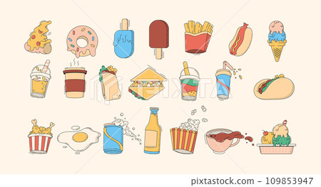 Fast food and drinks retro cartoon vector illustration set 109853947