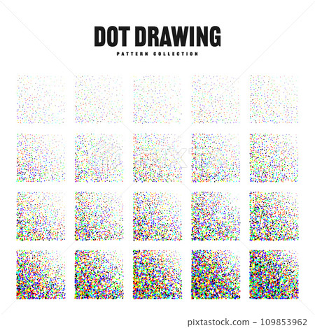 Square shaped dotted objects, vintage stipple elements. Stippling, dotwork drawing, shading using dots. Halftone effect. Colored noise grainy texture, pattern. Vector illustration. Square shaped dotted objects, vintage stipple elements. Stippling, dotwork drawing, shading using dots. Halftone effect. Colored noise grainy texture, pattern. Vector illustration. 109853962