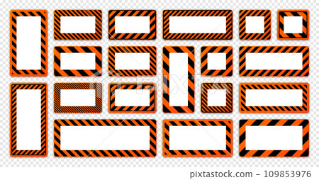 Various blank warning signs with diagonal lines. Orange attention, danger or caution sign, construction site signage. Realistic notice signboard, warning banner, road shield. Vector illustration Various blank warning signs with diagonal lines. Orange attention, danger or caution sign, construction site signage. Realistic notice signboard, warning banner, road shield. Vector illustration 109853976