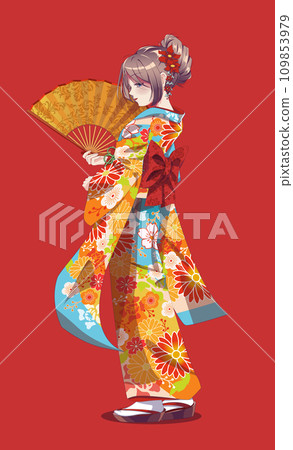 Beautiful anime manga young woman in kimono holding paper fan 109853979