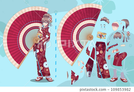 Anime girl in kimono with handheld paper fan characters for animation Anime girl in kimono with handheld paper fan characters for animation 109853982