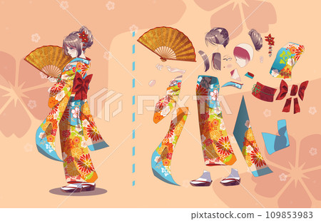 Anime girl in kimono with handheld paper fan characters for animation 109853983