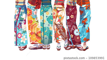 Anime manga girl wearing Japanese kimono. Long legs of group of girls. Vector illustration Anime manga girl wearing Japanese kimono. Long legs of group of girls. Vector illustration 109853991