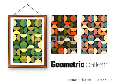 Picture frame with geometric trendy pattern, Bauhaus style. Modern background, simple elements. Retro texture, basic geometric shapes. Print design, minimalist poster cover. Vector illustration Picture frame with geometric trendy pattern, Bauhaus style. Modern background, simple elements. Retro texture, basic geometric shapes. Print design, minimalist poster cover. Vector illustration 109853992
