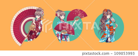 Anime manga girl cartoon characters. Girl wearing Japanese kimono with handheld paper fan. Isolated Round Icons Anime manga girl cartoon characters. Girl wearing Japanese kimono with handheld paper fan. Isolated Round Icons 109853993