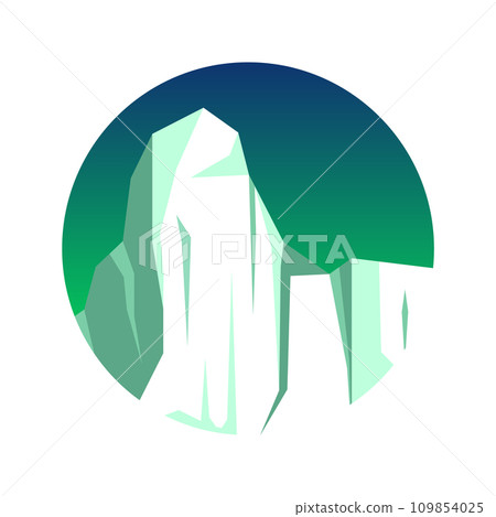 Round floating iceberg, drifting arctic glacier, block of frozen ocean water. Icy mountains with snow. Melting ice peak. Antarctic snowy landscape. South and North Pole. Vector illustration 109854025