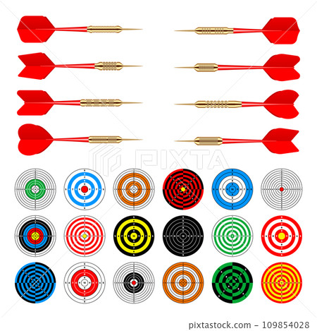 Paper targets with dart arrows. Shooting range round target, divisions, marks and numbers. Gun shooting practise and training, sport competition, hunting. Bullseye and aim. Vector illustration 109854028