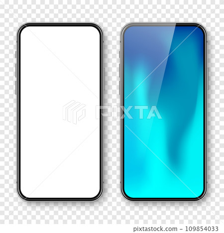 Smartphone with blank touch screen and abstract colorful background, wallpaper. Frameless mobile phone in front view. High quality detailed device mockup. Vector illustration 109854033