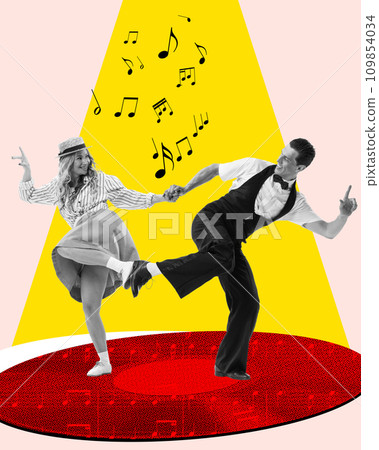 Happy stylish young woman and man dancing on vinyl record over light background. Contemporary art collage. Poster 109854034