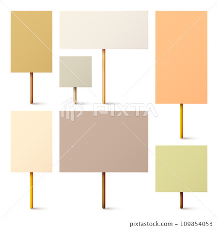 Blank colorful protest sign with wooden holder. Realistic vector demonstration banner. Strike action cardboard placard mockup Blank colorful protest sign with wooden holder. Realistic vector demonstration banner. Strike action cardboard placard mockup 109854053
