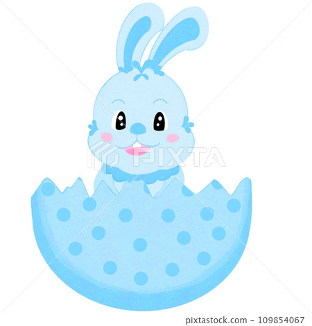 Happy Easter greeting card Cartoon illustration of a cute bright blue rabbit sitting in a blue polka dot broken eggshell Happy Easter greeting card Cartoon illustration of a cute bright blue rabbit sitting in a blue polka dot broken eggshell 109854067