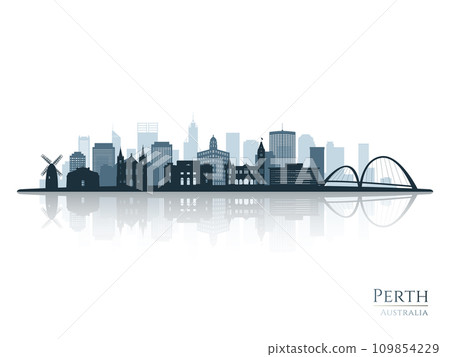 Perth skyline silhouette with reflection. Perth skyline silhouette with reflection. 109854229