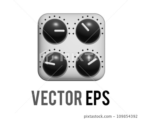 Vector silver square audio mixing console 3D icon with four black control knobs Vector silver square audio mixing console 3D icon with four black control knobs 109854392