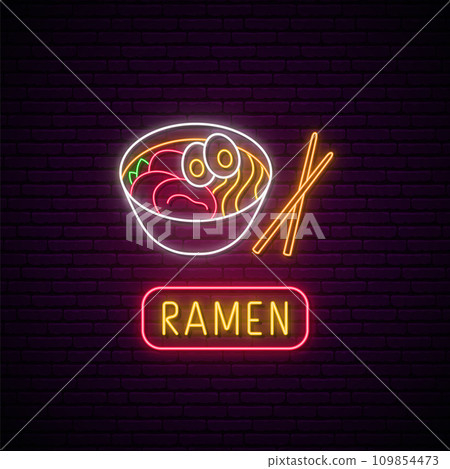 Neon Ramen soup sign. 109854473