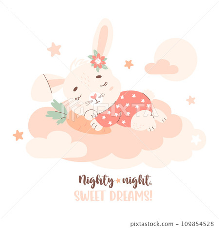 Cute sleeping animal bunny with carrot on cloud. Vector illustration in pastel colors. Kids collection. 109854528