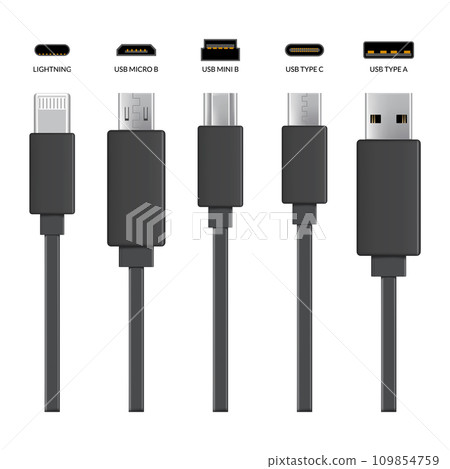 Usb cable connectors. Realistic vector set of phone jacks for cabling in black color. Cable for charging or transmitting information for modern electronic devices 109854759