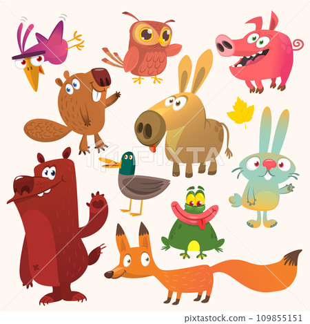 Set of funny animals isolated on white background. Cartoon fox owl bunny rabbit beaver duck donkey pig frog and bear. Vector illustration isolated Set of funny animals isolated on white background. Cartoon fox owl bunny rabbit beaver duck donkey pig frog and bear. Vector illustration isolated 109855151