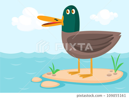Cartoon cute duck bird standing in the water lake. Farm bird illustration Cartoon cute duck bird standing in the water lake. Farm bird illustration 109855161