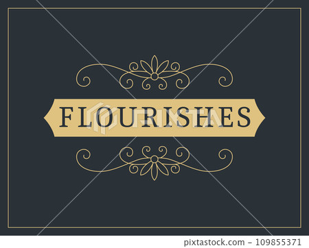Flourishes calligraphic vintage ornamental background. Vector luxury invitation, restaurant menu or royalty certificate. Golden ornate page with swirls and vignettes elements Flourishes calligraphic vintage ornamental background. Vector luxury invitation, restaurant menu or royalty certificate. Golden ornate page with swirls and vignettes elements 109855371