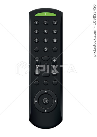 Tv remote control design with buttons. Wireless power media device to switch channel programmes remotely. Universal controller of technology equipment, isolated vector illustration 109855450