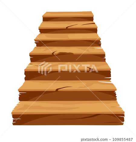 Game castle stairs in cartoon style. Medieval ancient ladder flights without railings, wood step treads and rock risers with cracked details. Vector staircase isolated on white background 109855487