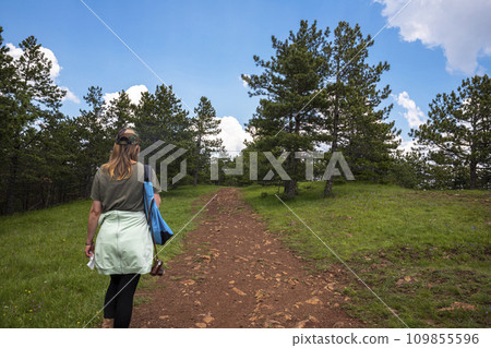 Tourist girl hiker Hiking on hiking trail in the Divcibare mountains in Serbia 109855596