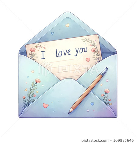 love letter  " I LOVE YOU" and envelope watercolor illustration . .AI Generate 109855646