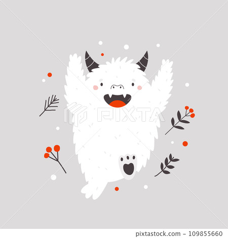 Vector illustration with a happy dancing yeti monster 109855660