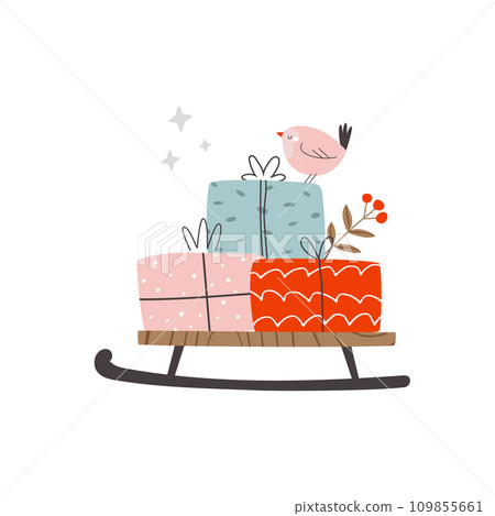 Holiday composition with a sledge full of gift boxes and a cute bird Holiday composition with a sledge full of gift boxes and a cute bird 109855661