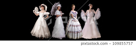 Collage made of portrait of different beautiful young woman inelegant dresses over black background. Queen and princess 109855757