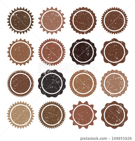 Post stamps, labels and badges. Grunge imprints and postmarks. Brown vintage circle postcard watermarks. Used envelope design elements. Vector illustration 109855826