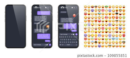 Smartphone messaging app, user interface with emoji. SMS text frame. Chat screen, violet message bubbles. Texting app for communication. Social media application. Dark mode. Vector illustration Smartphone messaging app, user interface with emoji. SMS text frame. Chat screen, violet message bubbles. Texting app for communication. Social media application. Dark mode. Vector illustration 109855851