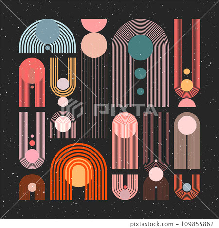 Mid century arch, circle elements, modern geometric shapes with grunge texture. Contemporary design, minimalist art. Trendy design elements for wall decor, posters, books, covers. Vector illustration 109855862