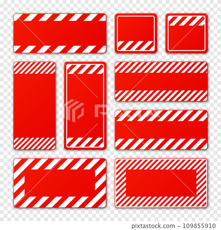 Various blank red warning signs with diagonal lines. Attention, danger or caution sign, construction site signage. Realistic notice signboard, warning banner, road shield. Vector illustration Various blank red warning signs with diagonal lines. Attention, danger or caution sign, construction site signage. Realistic notice signboard, warning banner, road shield. Vector illustration 109855910