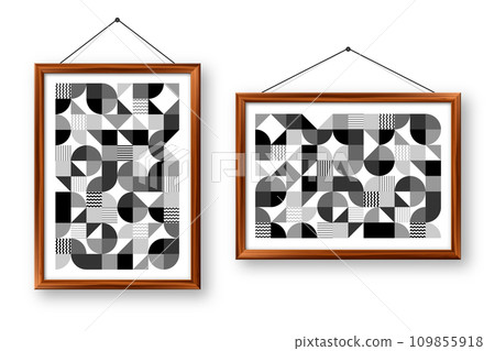 Picture frame with geometric trendy pattern, Bauhaus style. Modern background, simple elements. Retro texture, basic geometric shapes. Print design, minimalist poster cover. Vector illustration 109855918