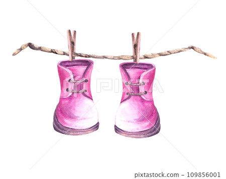 Baby pink booties, shoes with clothesline and clothes pegs. It is a girl. Watercolor painted illustration for birthday, baby shower, newborn, gender reveal party clipart. Isolated on white background 109856001