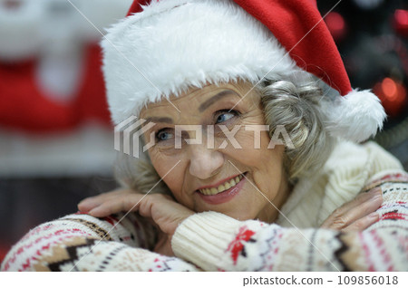 Portrait of happy senior woman in Santa hat 109856018