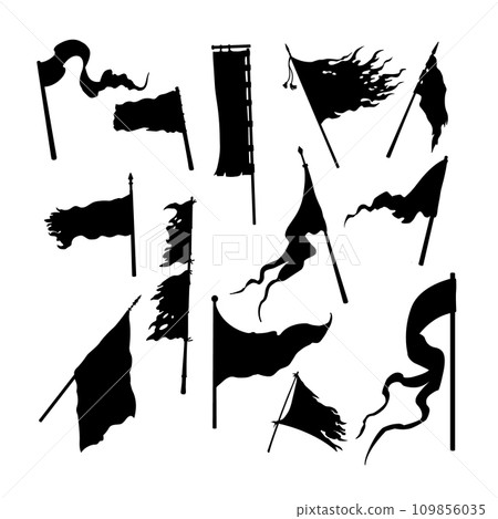 Medieval flag black silhouettes. Isolated templates of battle banners. Icon of victory symbol. Army heraldic emblem 109856035