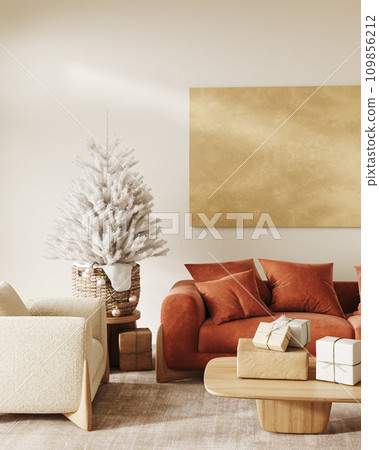 Festive home interior with a vibrant orange sofa and holiday decorations creating a cheerful atmosphere. 3d render 109856212