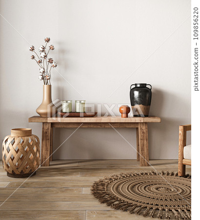 Rustic wooden console table with wicker accents and decorative vases in a cozy bohemian interior. 3d render 109856220
