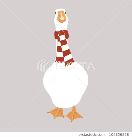 White winter goose in red and white striped scarf isolated design element. Funny and cute goose full length vector illustration. Farm Christmas bird. 109856258