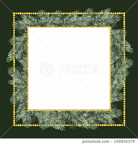 watercolor square frame with coniferous branches and golden garland from shiny beads, Christmas tree, hand drawn sketch of green fir branches, pine branch on green background, winter illustration watercolor square frame with coniferous branches and golden garland from shiny beads, Christmas tree, hand drawn sketch of green fir branches, pine branch on green background, winter illustration 109856379