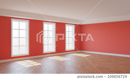 Empty Room with Light Red Walls, Three Large Windows, White Ceiling and Cornice, Glossy Herringbone Parquet Flooring and a White Plinth, 3d Rendering. 8K Ultra HD, 7680x4320, 300 dpi Empty Room with Light Red Walls, Three Large Windows, White Ceiling and Cornice, Glossy Herringbone Parquet Flooring and a White Plinth, 3d Rendering. 8K Ultra HD, 7680x4320, 300 dpi 109856729