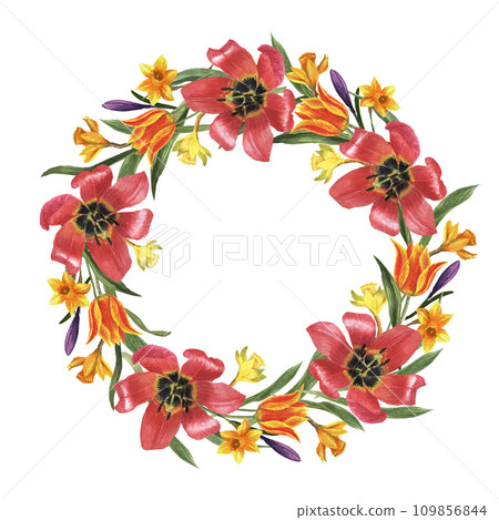 Wreath of spring flowers. Watercolor illustration of flower composition for greeting card 109856844