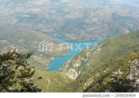 Tara mountain in western Serbia. Viewpoint Biljeska stena. View at river Drina and lake Perucac Tara mountain in western Serbia. Viewpoint Biljeska stena. View at river Drina and lake Perucac 109856904