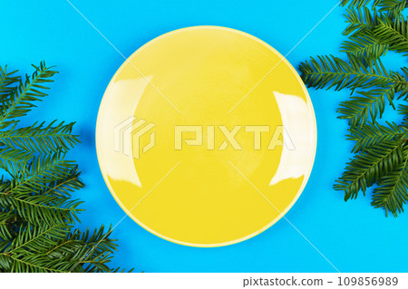 yellow empty ceramic plate on a blue background is decorated with a Christmas branch. view from above 109856989