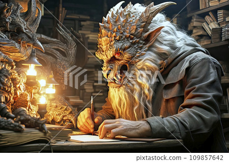 Wise, Ugly, Intelligent Monster with Horns Sitting in a Library, Filling Out a Form at a Table 109857642