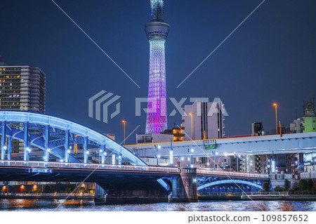 Night view of Sumida River, illuminated Komagata Bridge and Sky Tree [Taito Ward - Sumida Ward, Tokyo] 109857652